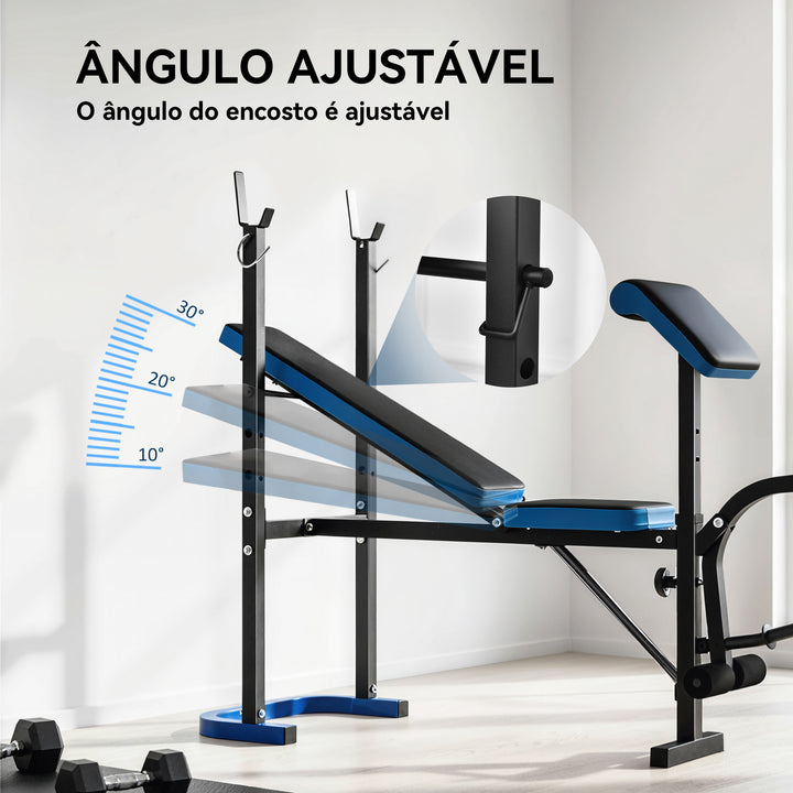 Banco de Musculação Multifuncional Banco de Pesos com Suporte para Barras e Encosto Ajustável para Treino Completo de Corpo em Casa Ginásio 155x56,5x120 cm Preto e Azul