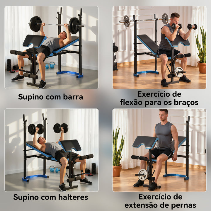 Banco de Musculação Multifuncional Banco de Pesos com Suporte para Barras e Encosto Ajustável para Treino Completo de Corpo em Casa Ginásio 155x56,5x120 cm Preto e Azul