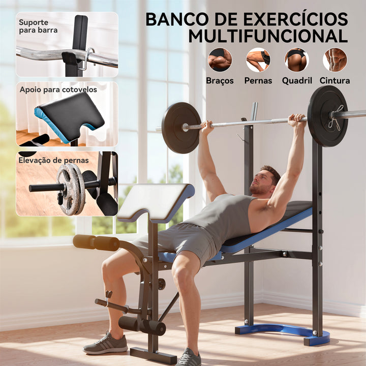 Banco de Musculação Multifuncional Banco de Pesos com Suporte para Barras e Encosto Ajustável para Treino Completo de Corpo em Casa Ginásio 155x56,5x120 cm Preto e Azul