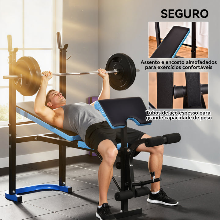 Banco de Musculação Multifuncional Banco de Pesos com Suporte para Barras e Encosto Ajustável para Treino Completo de Corpo em Casa Ginásio 155x56,5x120 cm Preto e Azul