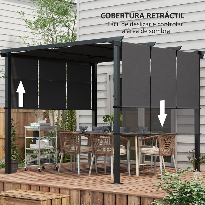 Pérgola de Jardim 3x3 m Pérgola para Exterior com Teto Retrátil Estrutura de Aço Impermeável e Anti-UV para Terraço Pátio Cinza Escuro