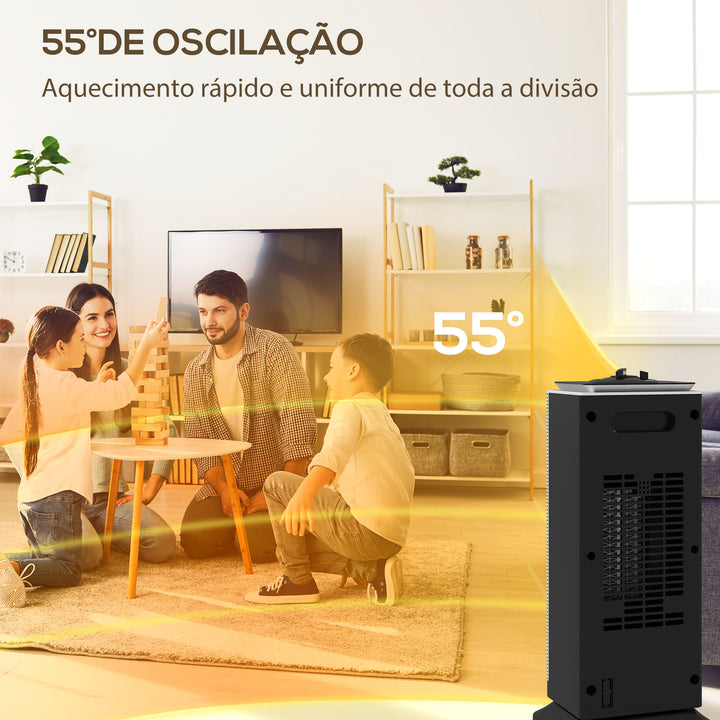 Aquecedor Elétrico de Baixo Consumo Cerâmico 2000W PTC com 3 Modos Termostato Ajustável Oscilação de 55° Proteção contra Tombamento e Sobreaquecimento para 15 m² 18x14x40,5 cm Preto