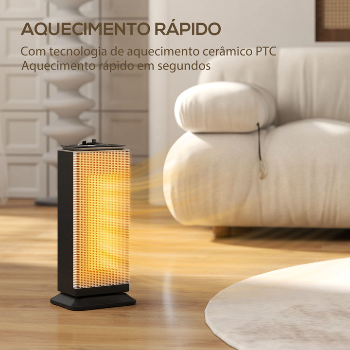 Aquecedor Elétrico de Baixo Consumo Cerâmico 2000W PTC com 3 Modos Termostato Ajustável Oscilação de 55° Proteção contra Tombamento e Sobreaquecimento para 15 m² 18x14x40,5 cm Preto