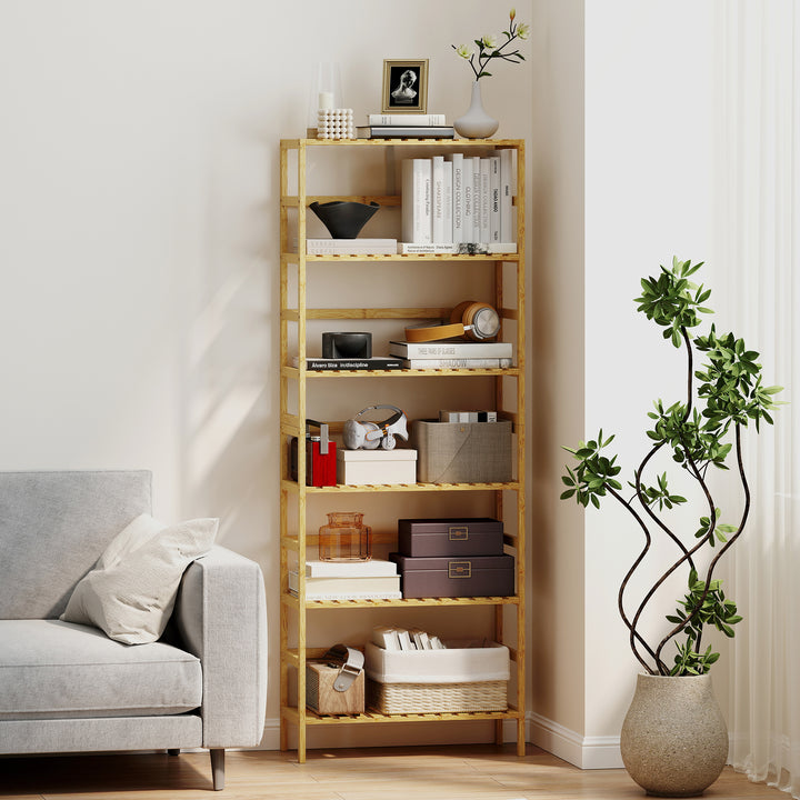 Estante de Bambu de 6 Níveis Estante de Armazenamento Prateleiras Ajustáveis Estante Estreita para Espaços Pequenos Casa de Banho Sala de Estar e Cozinha 60x26x161 cm Madeira