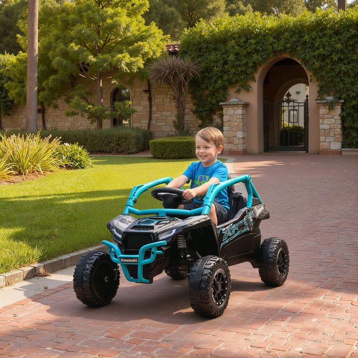 Carro Elétrico para Crianças 12V Kawasaki Teryx KRX 1000 Carro a Bateria UTV com 2 Motores Controlo Remoto 2,4G Suspensão Traseira Faróis USB para Crianças acima de 3 Anos 100x64x56 cm Azul