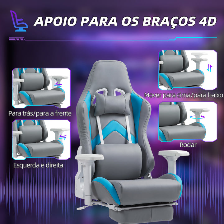 Cadeira Gamimg Cadeira Gamer Reclinável com Altura Ajustável Apoio para os Pés Retrátil Suporte Lombar e Apoio para a Cabeça Amovível Cadeira para Escritório 74x73x120-129 cm Cinza Claro e Azul