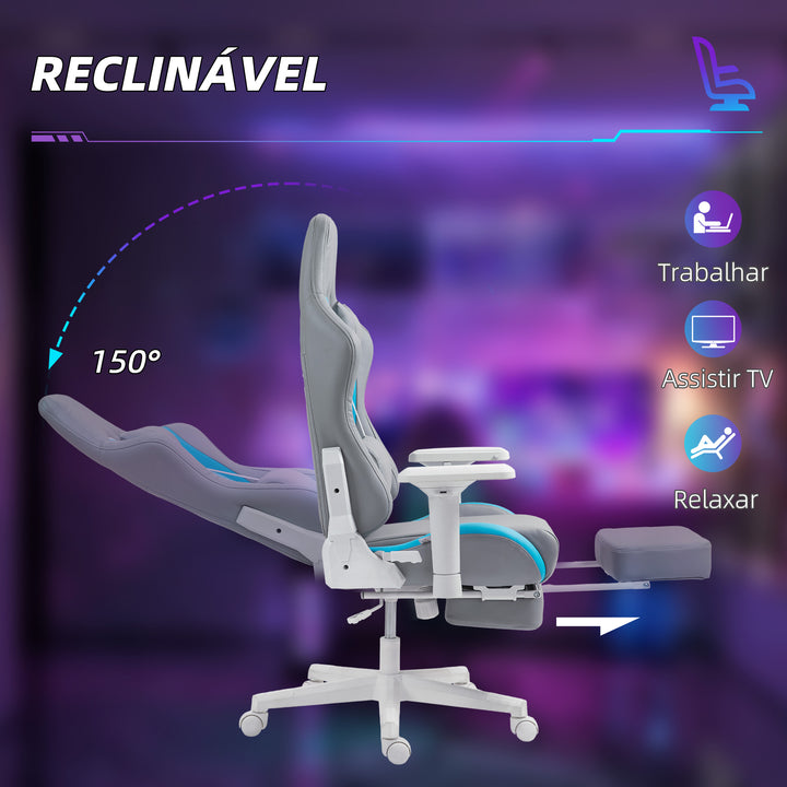 Cadeira Gamimg Cadeira Gamer Reclinável com Altura Ajustável Apoio para os Pés Retrátil Suporte Lombar e Apoio para a Cabeça Amovível Cadeira para Escritório 74x73x120-129 cm Cinza Claro e Azul
