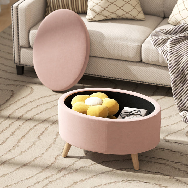 Otomano Puff Estofado em Veludo Acolchoado Banco de Armazenamento com Tampa Removível e Pés de Madeira para Dormitórios Sala de Estar Corredor 71x51,5x42 cm Rosa