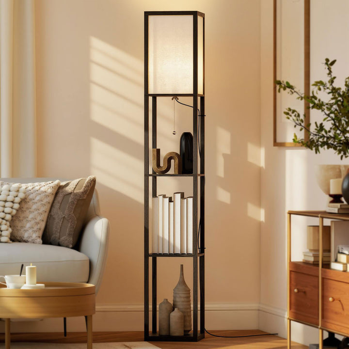 Prateleira alta de 3 níveis com lâmpada para sala de estar quarto Prateleiras modernas para prateleira de exposição em preto e branco da sala de estar 26x26x160cm