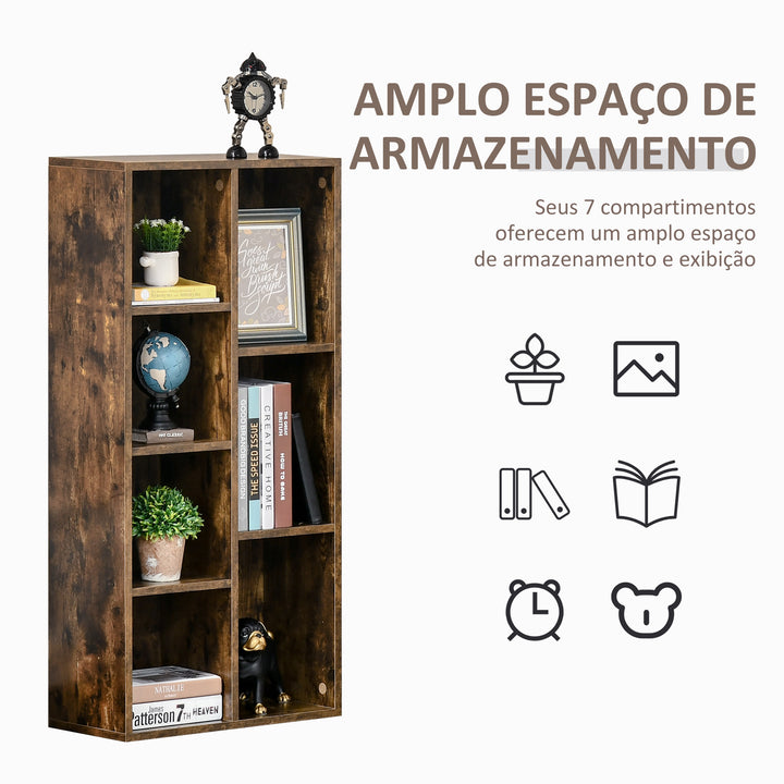 Estante para Livros Estante de Madeira com 7 Compartimentos de Armazenamento Plantas Arquivos para Sala de Estar Dormitório Escritório 50x24x106cm Marrom Rústico