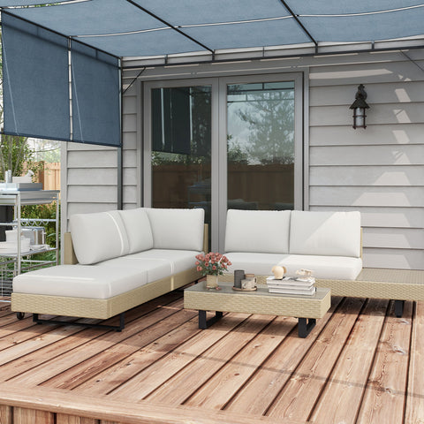 Conjunto de Móveis de Vime 3 Peças Mesa de Centro Sofá Duplo e Sofá de 3 Lugares com Almofadas Removíveis para Terraço Jardim Pátio Bege