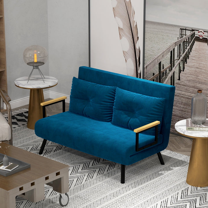 Sofá Cama Sofá Convertível em Cama de 2 Lugares Dobrável com Encosto Ajustável em 5 Níveis e 2 Almofadas Acolchoadas para Escritório Dormitório Sala de Estar 102x73x81 cm Azul