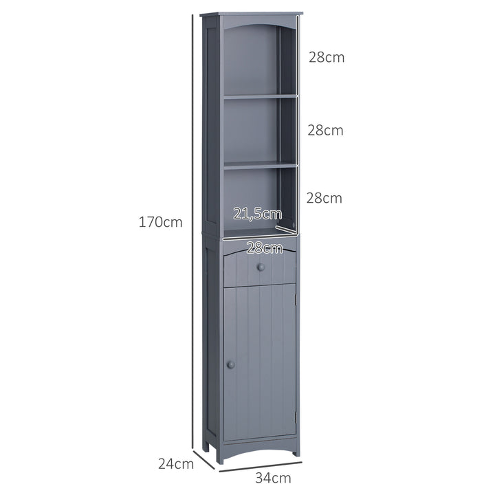 Coluna Casa de Banho com 1 Gaveta Armário e 3 Prateleiras Abertas Armário Alto Auxiliar para Casa de Banho 34x24x170 cm Cinzento