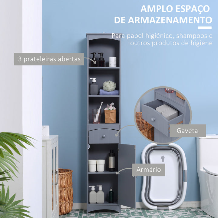 Coluna Casa de Banho com 1 Gaveta Armário e 3 Prateleiras Abertas Armário Alto Auxiliar para Casa de Banho 34x24x170 cm Cinzento