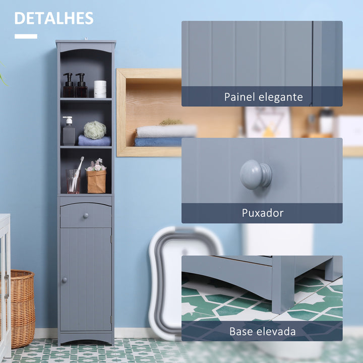 Coluna Casa de Banho com 1 Gaveta Armário e 3 Prateleiras Abertas Armário Alto Auxiliar para Casa de Banho 34x24x170 cm Cinzento