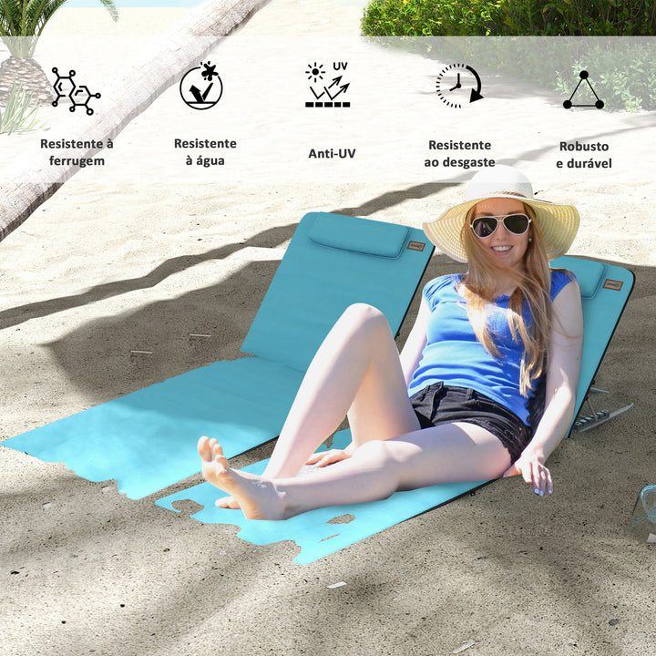 Conjunto de 2 Esteiras de Praia com Encosto Reclinável em 5 Níveis Bolsa de Transporte e Apoio de Cabeça 48x134x33-43 cm Azul