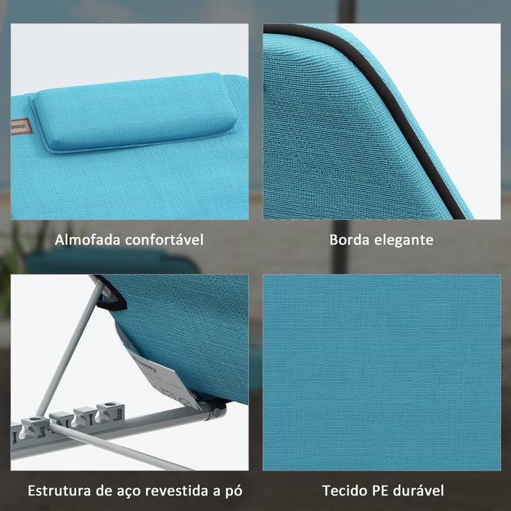 Conjunto de 2 Esteiras de Praia com Encosto Reclinável em 5 Níveis Bolsa de Transporte e Apoio de Cabeça 48x134x33-43 cm Azul