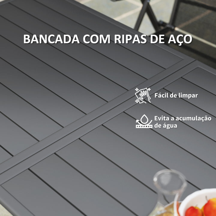 Mesa de Jardim Retangular de Aço 150x80x74 cm Mesa de Refeição para Exterior com Desenho em Ripas Resistente às Intempéries Fácil de Limpar Cinzento Escuro