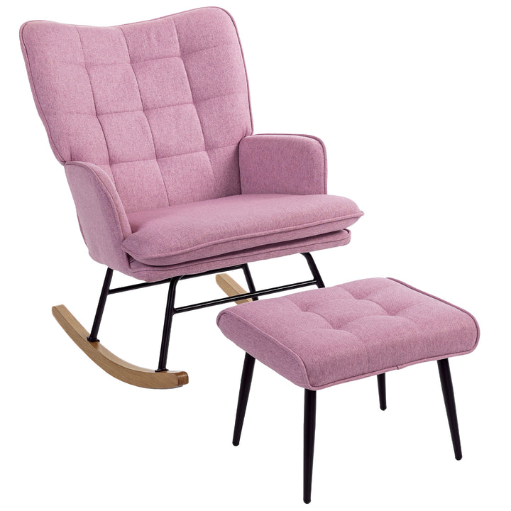 Conjunto de Poltrona Baloiço com Apoio para os Pés Poltrona Relax com Almofada Acolchoada e Anti-Tombo Carga 130 kg Sala de Estar Dormitório 64x89x90 cm Rosa