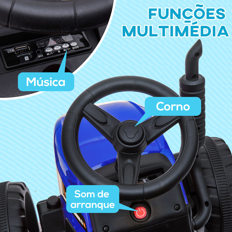 Trator Elétrico com Reboque Amovível Carro Elétrico para Crianças 3-6 Anos com Controlo Remoto Música MP3 Luzes e Cinto de Segurança 136,5x50x52,5 cm Azul