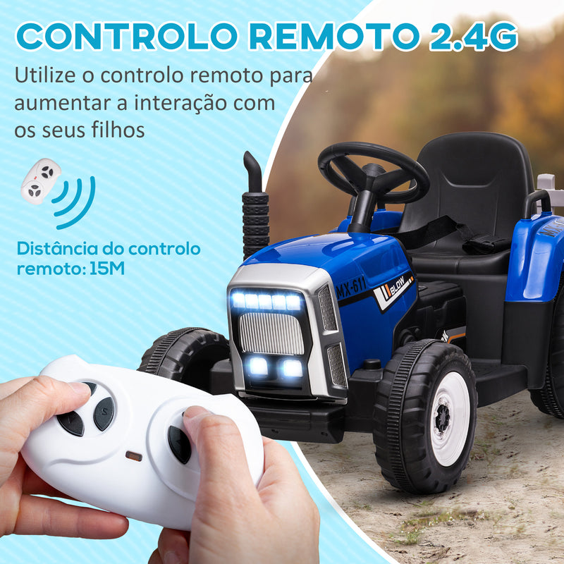 Trator Elétrico com Reboque Amovível Carro Elétrico para Crianças 3-6 Anos com Controlo Remoto Música MP3 Luzes e Cinto de Segurança 136,5x50x52,5 cm Azul