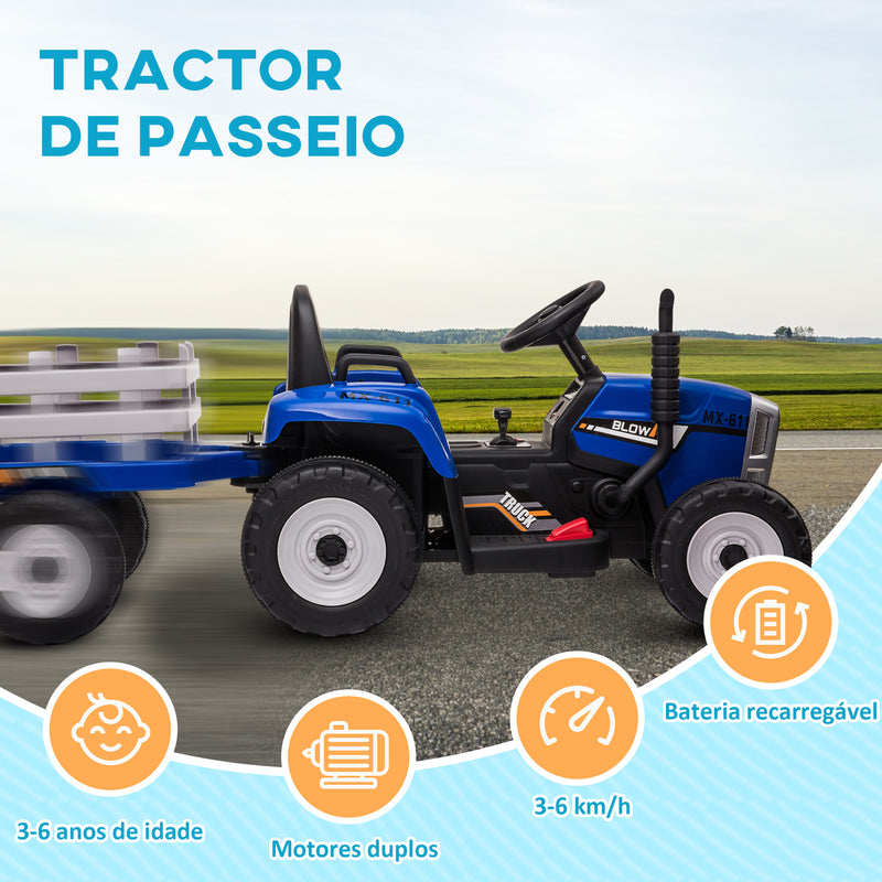 Trator Elétrico com Reboque Amovível Carro Elétrico para Crianças 3-6 Anos com Controlo Remoto Música MP3 Luzes e Cinto de Segurança 136,5x50x52,5 cm Azul