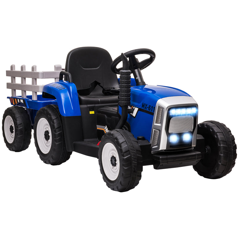 Trator Elétrico com Reboque Amovível Carro Elétrico para Crianças 3-6 Anos com Controlo Remoto Música MP3 Luzes e Cinto de Segurança 136,5x50x52,5 cm Azul