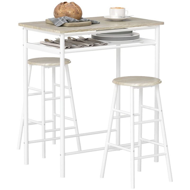 Conjunto de Móvel Bar Conjunto de Mesa Alta e 2 Bancos com Prateleira de Armazenamento e Estrutura de Metal para Cozinha Sala de Jantar 80x50x90cm Branco e Madeira