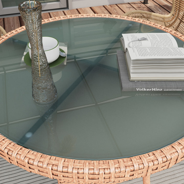 Mesa de Vime Redonda Ø80x75 cm Mesa de Jardim com Prateleira Pés Ajustáveis Tampo de Vidro e Estrutura de Aço para Terraço e Pátio Natural