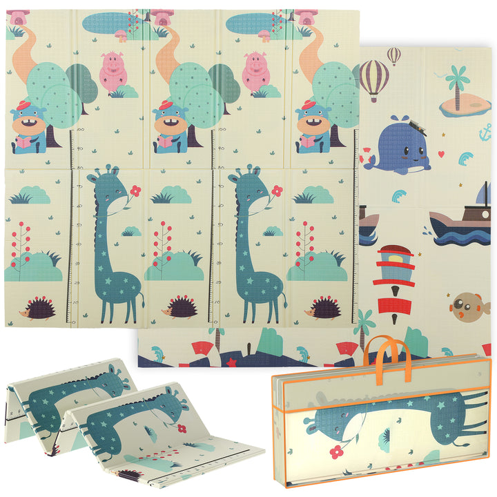 Tapete de Atividades para Bebé Acolchoado Dobrável e Reversível 196x176x1,5 cm Tapete de Brincar para Bebé XPE Dupla Face Impermeável Multicolor