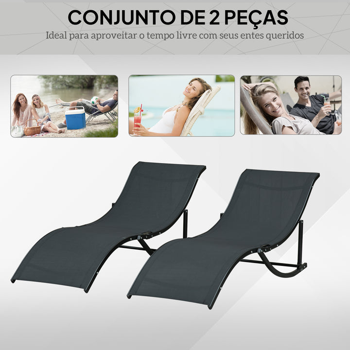 2 espreguiçadeiras dobráveis ??ergonômicas em forma de S com estrutura de alumínio Textilene para piscina terraço jardim 165x61x63 cm Preto