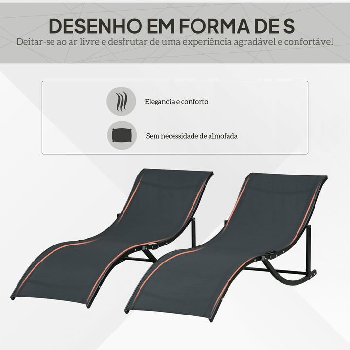 2 espreguiçadeiras dobráveis ??ergonômicas em forma de S com estrutura de alumínio Textilene para piscina terraço jardim 165x61x63 cm Preto