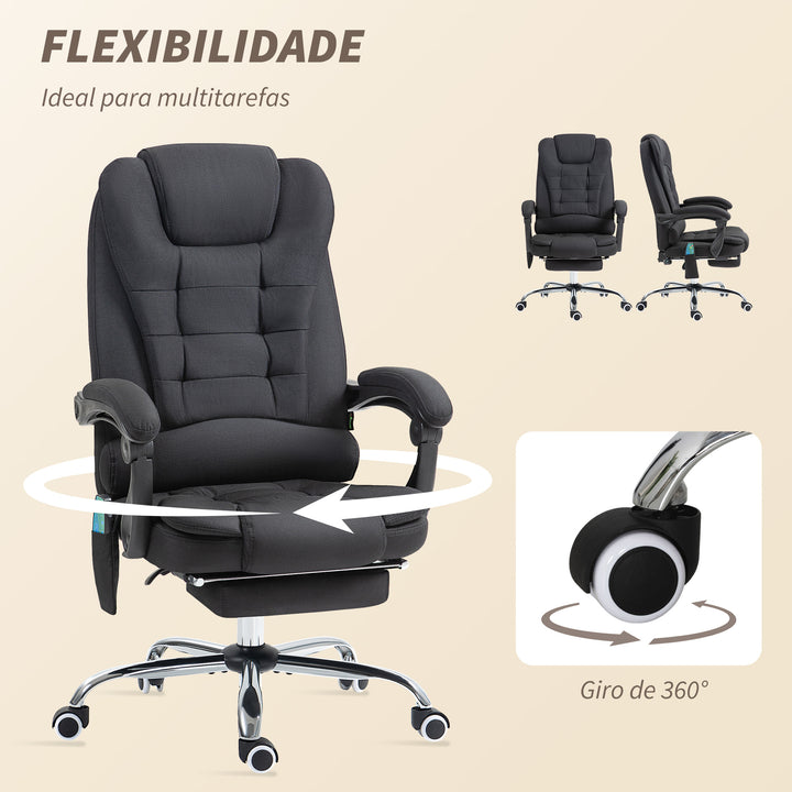 Cadeira de Escritório com 6 Pontos de Massagem Giratória com Encosto Reclinável 135º Função de Aquecimento Apoio para os Pés Retrátil Altura Ajustável e Controlo Remoto 65x70x111-119 cm Preto