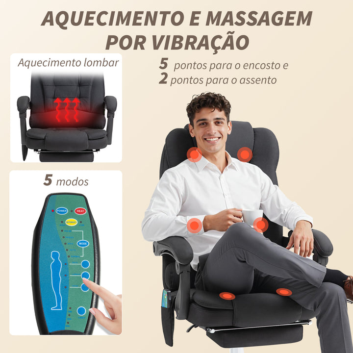 Cadeira de Escritório com 6 Pontos de Massagem Giratória com Encosto Reclinável 135º Função de Aquecimento Apoio para os Pés Retrátil Altura Ajustável e Controlo Remoto 65x70x111-119 cm Preto