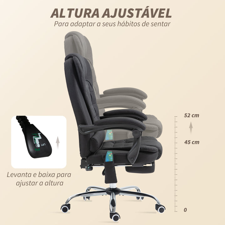 Cadeira de Escritório com 6 Pontos de Massagem Giratória com Encosto Reclinável 135º Função de Aquecimento Apoio para os Pés Retrátil Altura Ajustável e Controlo Remoto 65x70x111-119 cm Preto