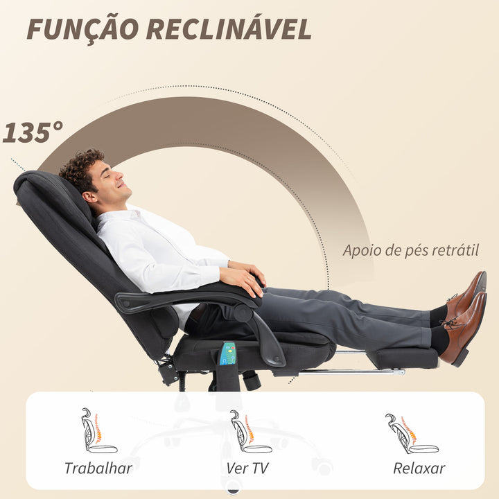Cadeira de Escritório com 6 Pontos de Massagem Giratória com Encosto Reclinável 135º Função de Aquecimento Apoio para os Pés Retrátil Altura Ajustável e Controlo Remoto 65x70x111-119 cm Preto