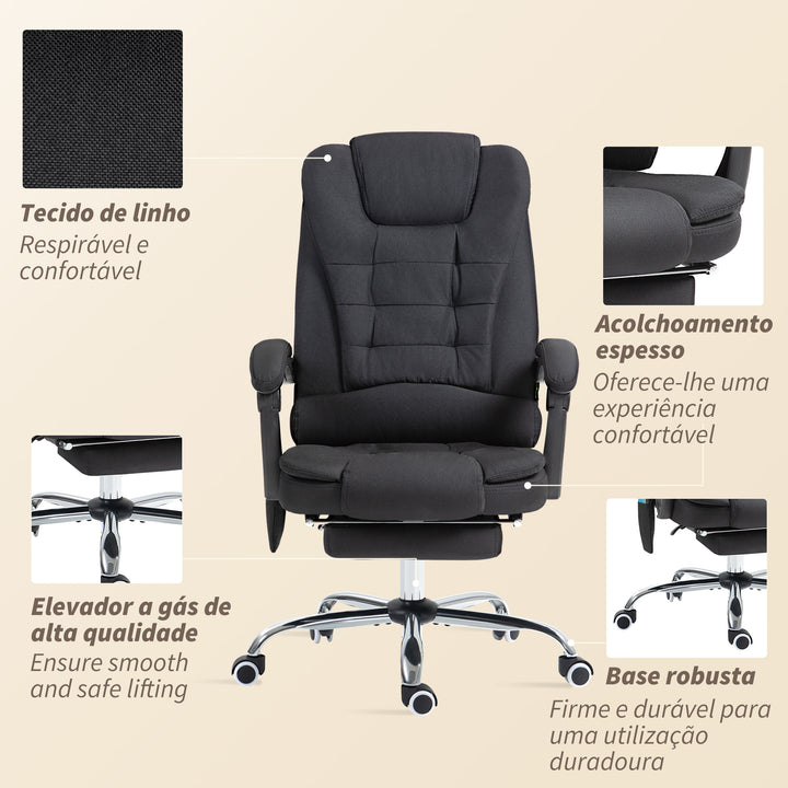 Cadeira de Escritório com 6 Pontos de Massagem Giratória com Encosto Reclinável 135º Função de Aquecimento Apoio para os Pés Retrátil Altura Ajustável e Controlo Remoto 65x70x111-119 cm Preto