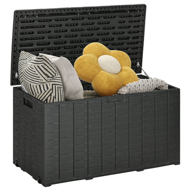 Baú de Armazenamento Exterior 366L Baú para Jardim de Plástico de Parede Dupla com Rodas Alças para Varanda Pátio Carga Máxima 100 kg 122,4x62x64,5 cm Preto