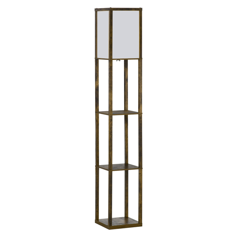 Candeeiro de Pé de Madeira com 3 Prateleiras De Armazenamento para Lâmpada E27 Potência Máx. 40W Candeeiro Moderno para Sala de Estar Dormitório 26x26x160 cm Marrom Rústico