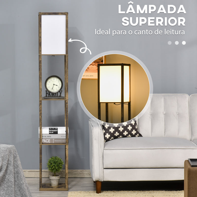 Candeeiro de Pé de Madeira com 3 Prateleiras De Armazenamento para Lâmpada E27 Potência Máx. 40W Candeeiro Moderno para Sala de Estar Dormitório 26x26x160 cm Marrom Rústico