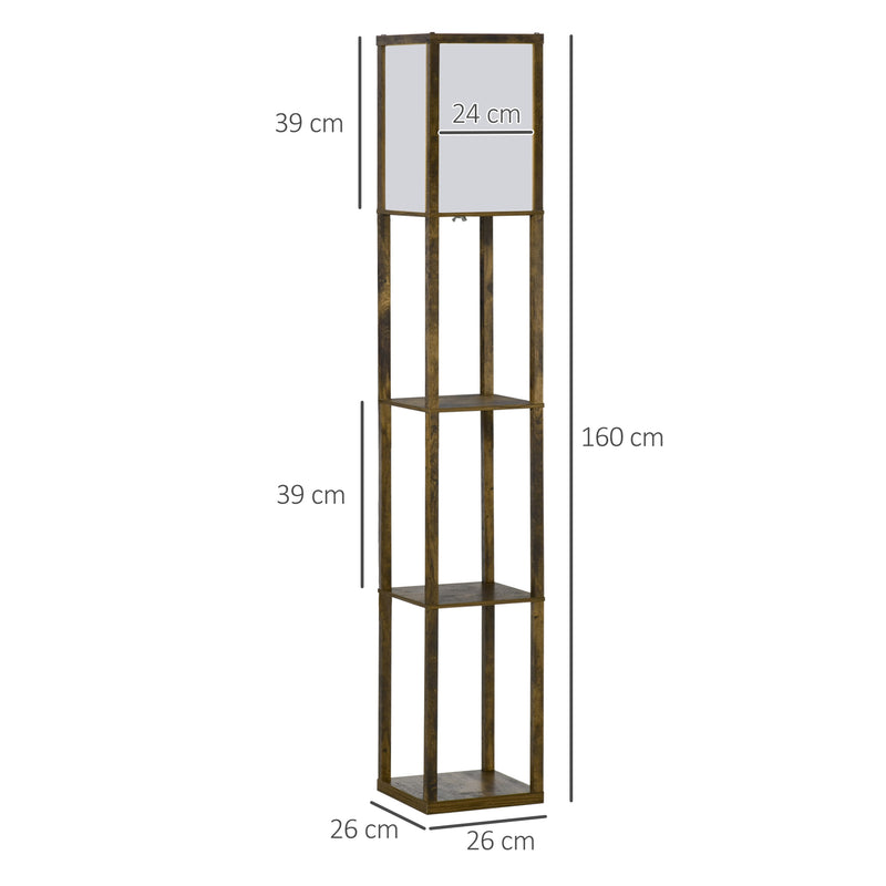 Candeeiro de Pé de Madeira com 3 Prateleiras De Armazenamento para Lâmpada E27 Potência Máx. 40W Candeeiro Moderno para Sala de Estar Dormitório 26x26x160 cm Marrom Rústico