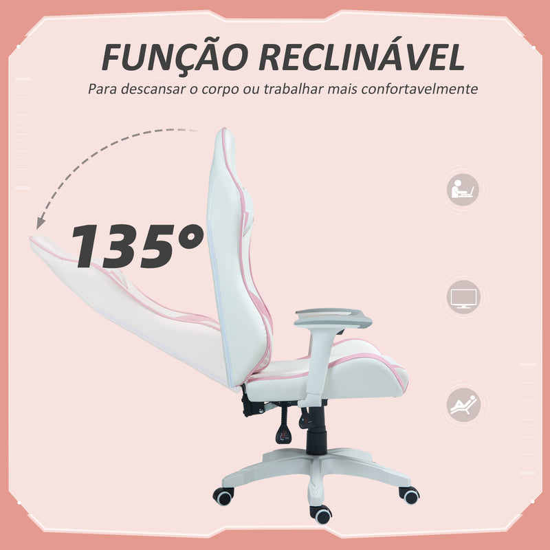 Cadeira Gaming Reclinável Cadeira Gamer Giratória com Almofada Lombar Apoios de Braços Ajustáveis Apoio de Cabeça Basculante e Altura Ajustável para Escritório 67x60x120-128 cm Branco e Rosa