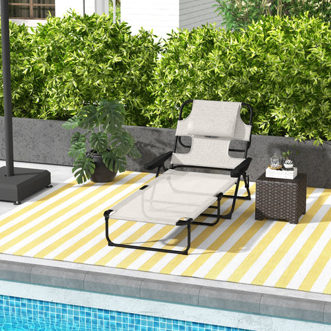 Espreguiçadeira Dobrável Espreguiçadeira de Jardim com Encosto Ajustável em 4 Níveis Orifício de Leitura e Almofada de Apoio à Cabeça para Terraço Piscina 194x72x31 cm Creme
