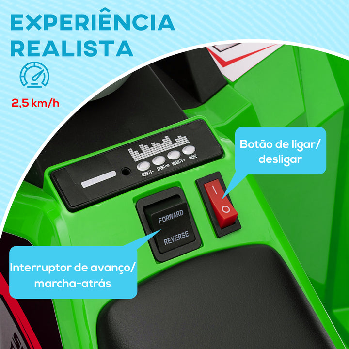 Quadriciclo Elétrico para Crianças 18-36 Meses Veículo Elétrico a Bateria de 6V com Velocidade 2,5 km/h Avanço e Marcha Atrás 70x41,5x48,5 cm Verde