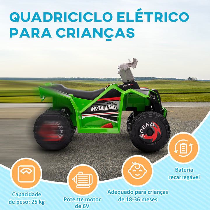 Quadriciclo Elétrico para Crianças 18-36 Meses Veículo Elétrico a Bateria de 6V com Velocidade 2,5 km/h Avanço e Marcha Atrás 70x41,5x48,5 cm Verde