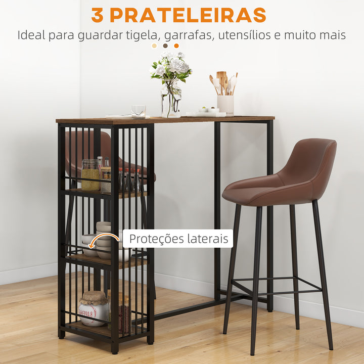 Mesa Alta de Cozinha com 3 Prateleiras Mesa de Bar Retangular para 2 Pessoas Pés de Aço para Sala Sala de Jantar 120x40x105 cm Castanho e Preto