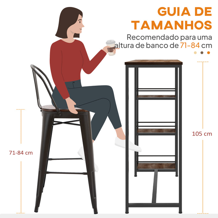 Mesa Alta de Cozinha com 3 Prateleiras Mesa de Bar Retangular para 2 Pessoas Pés de Aço para Sala Sala de Jantar 120x40x105 cm Castanho e Preto