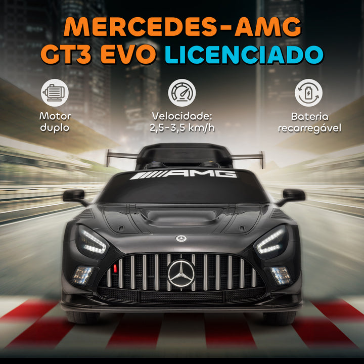 Carro Elétrico para Crianças Mercedes-AMG GT3 Evo Carro de Bateria 12V com Controlo Remoto 2,4G Motor Duplo Rodas Auxiliares Alça de Transporte Música Faróis 115x66x44 cm Preto