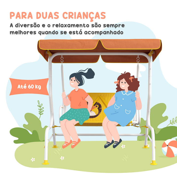 Balanço de Jardim Exterior Balanço de Jardim Infantil de 2 Lugares com Padrão de Leão Toldo Ajustável em Ângulo Carga 60 kg 110x70x110 cm Amarelo