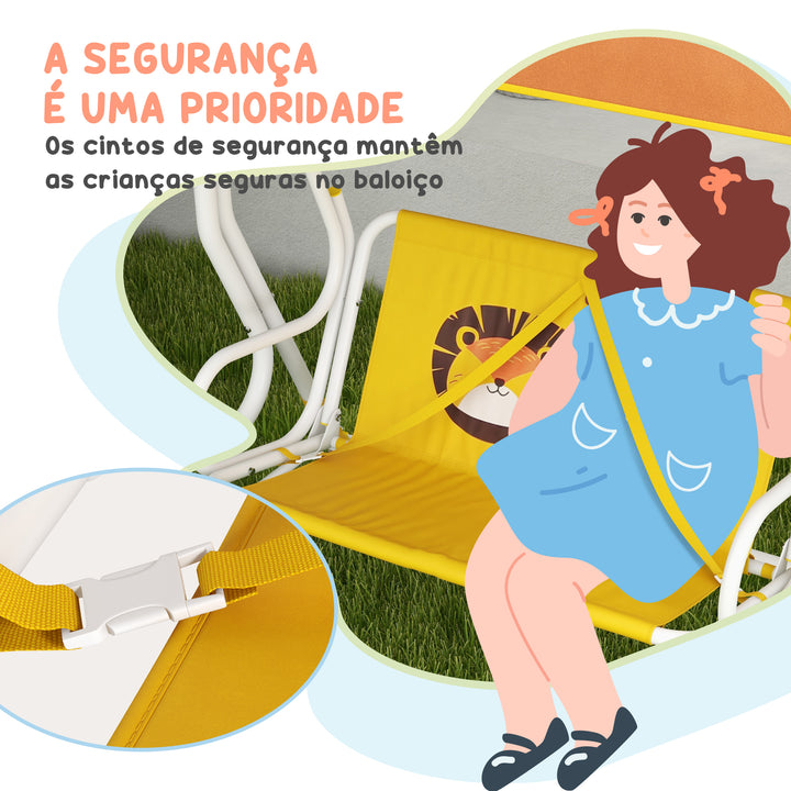 Balanço de Jardim Exterior Balanço de Jardim Infantil de 2 Lugares com Padrão de Leão Toldo Ajustável em Ângulo Carga 60 kg 110x70x110 cm Amarelo